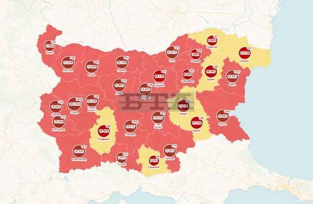 Осем области в страната са в жълта зона по заболеваемост от COVID-19 на двуседмична база